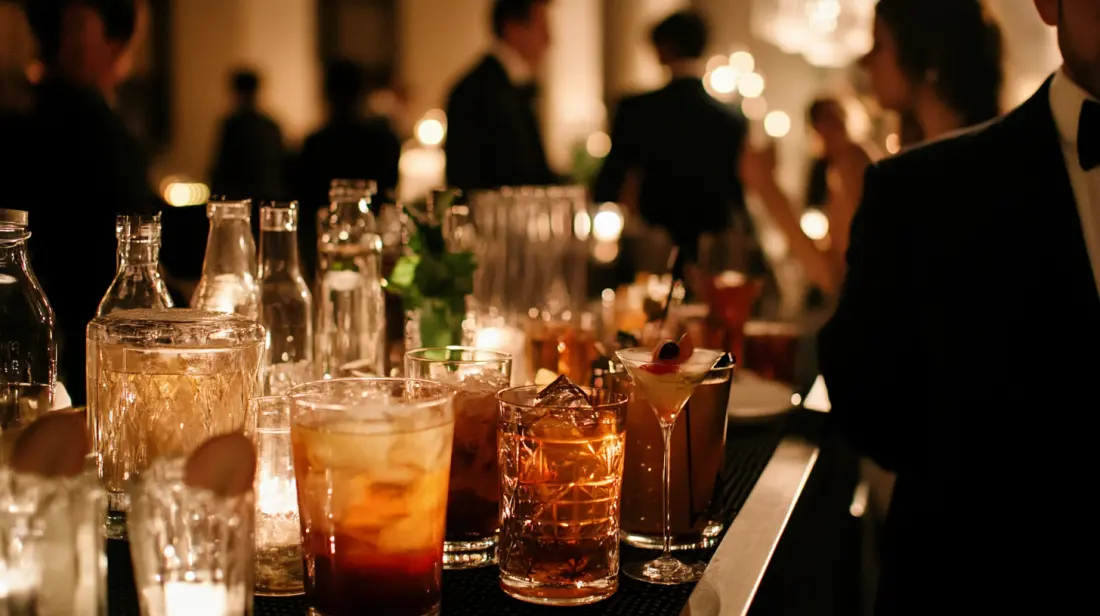 Various drinks at a formal gathering